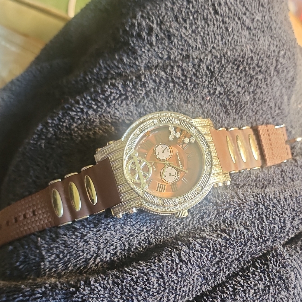 Brown and Silver Chronograph Watch with Leather Strap